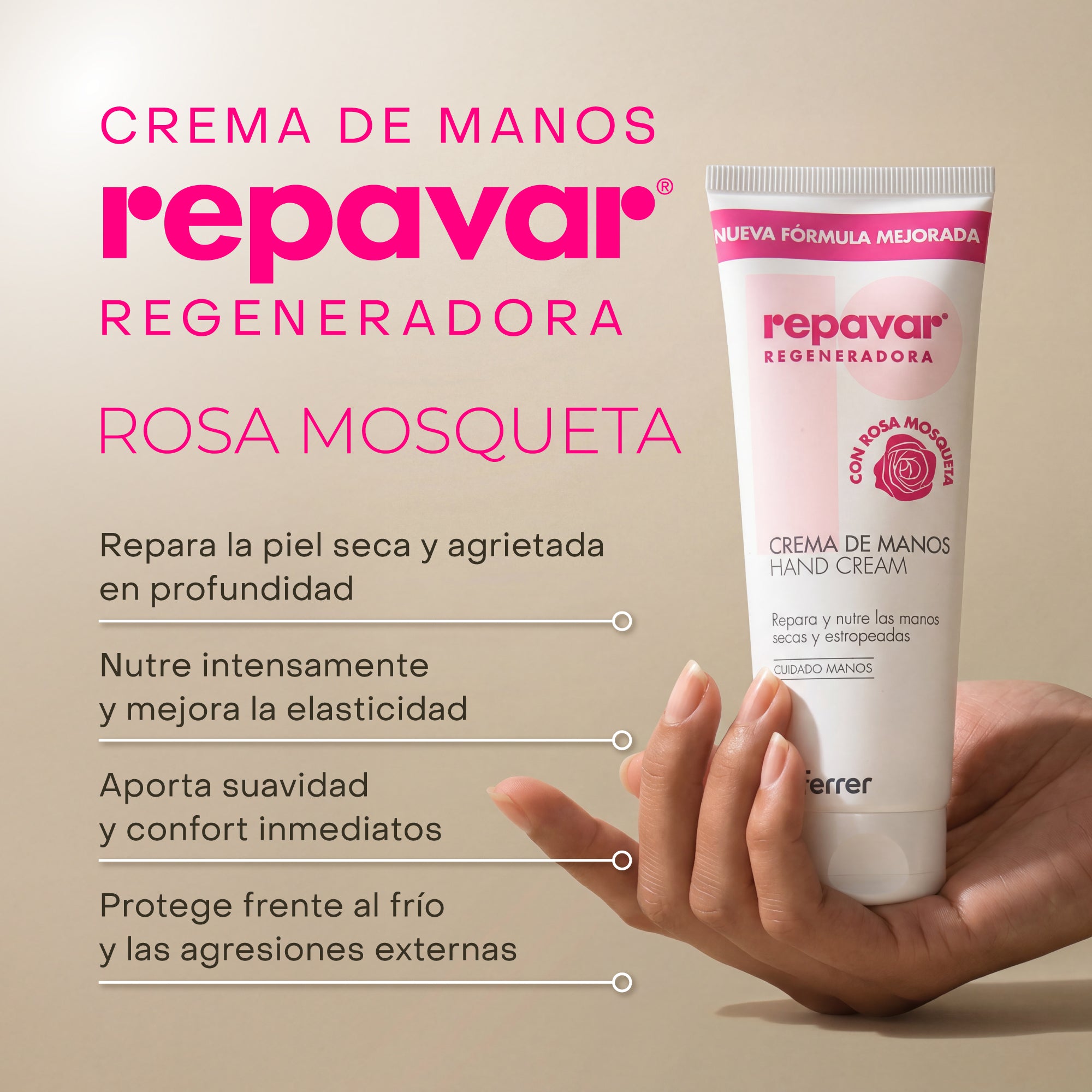 Regeneradora Crema de Manos con Rosa Mosqueta y Vitamina E - Retrasa signos de edad