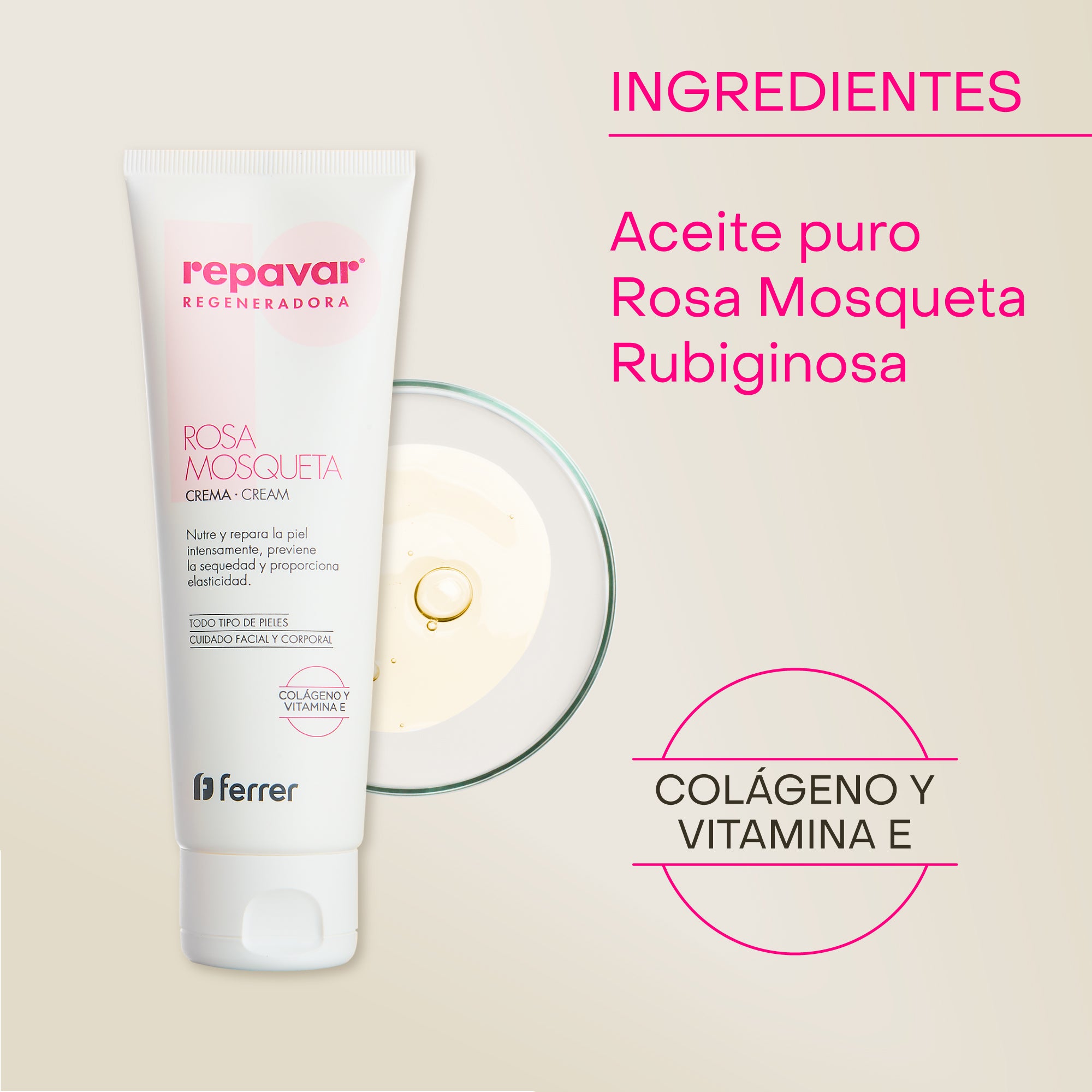 Regeneradora Crema con Rosa Mosqueta, colágeno y vitamina E. Nutre, repara y da elasticidad